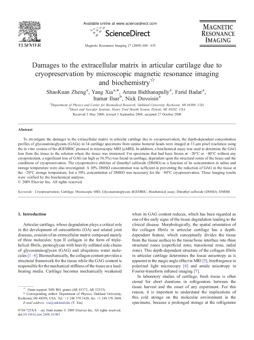 Damages to the extracellular matrix in articular cartilage due to cryopreservation by microscopic magnetic resonance imaging and biochemistry 