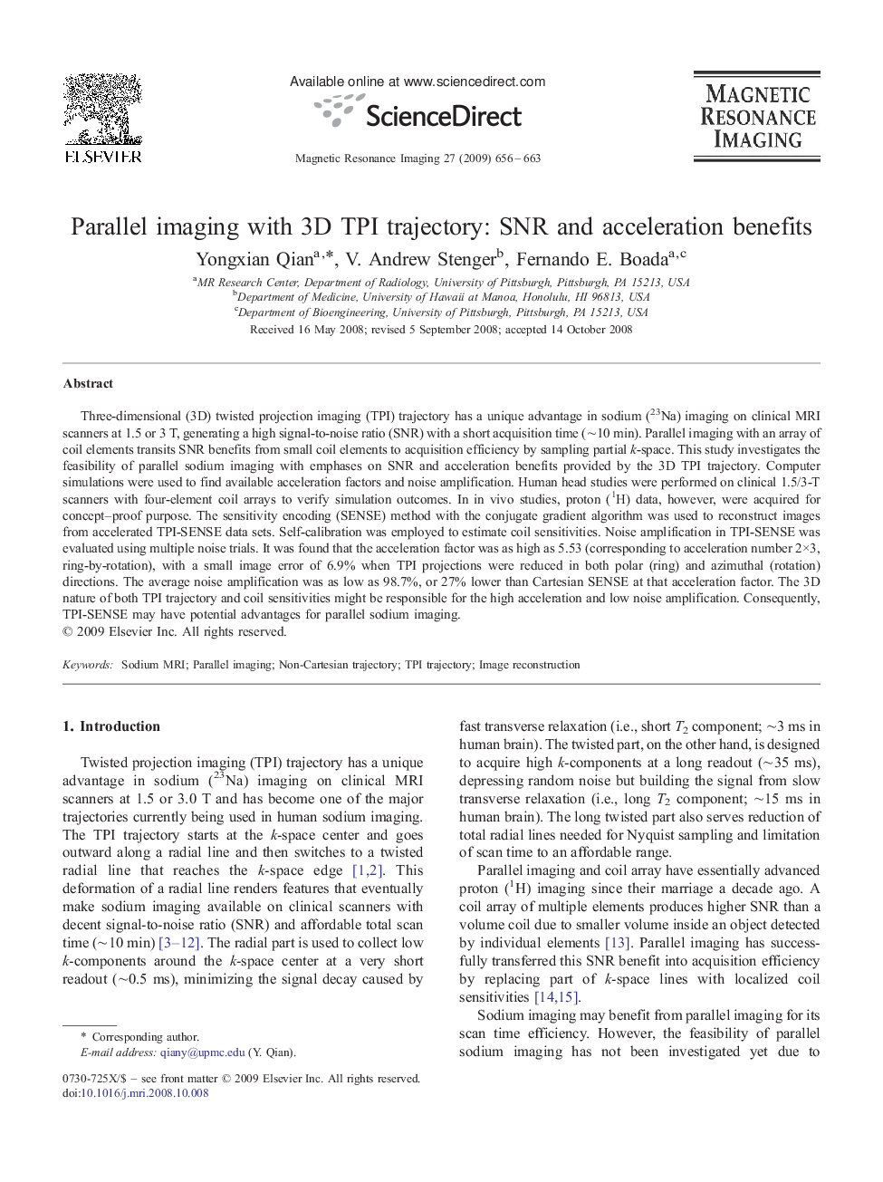 عکس صفحه اول مقاله: Parallel imaging with 3D TPI trajectory: SNR and acceleration benefits Parallel imaging with 3D TPI trajectory: SNR and acceleration benefits