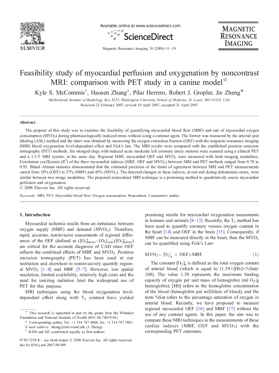 Feasibility study of myocardial perfusion and oxygenation by noncontrast MRI: comparison with PET study in a canine model 