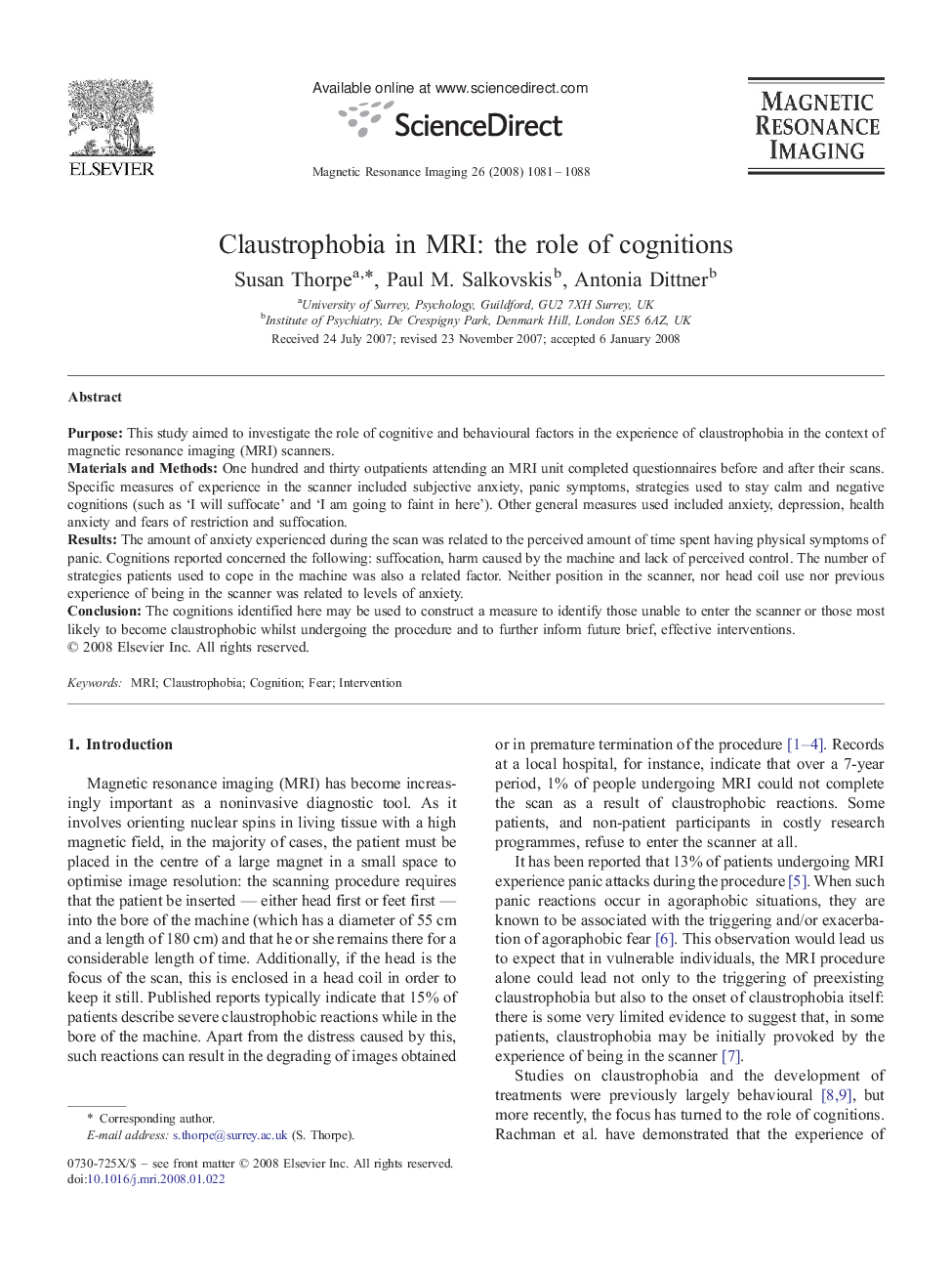 Claustrophobia in MRI: the role of cognitions