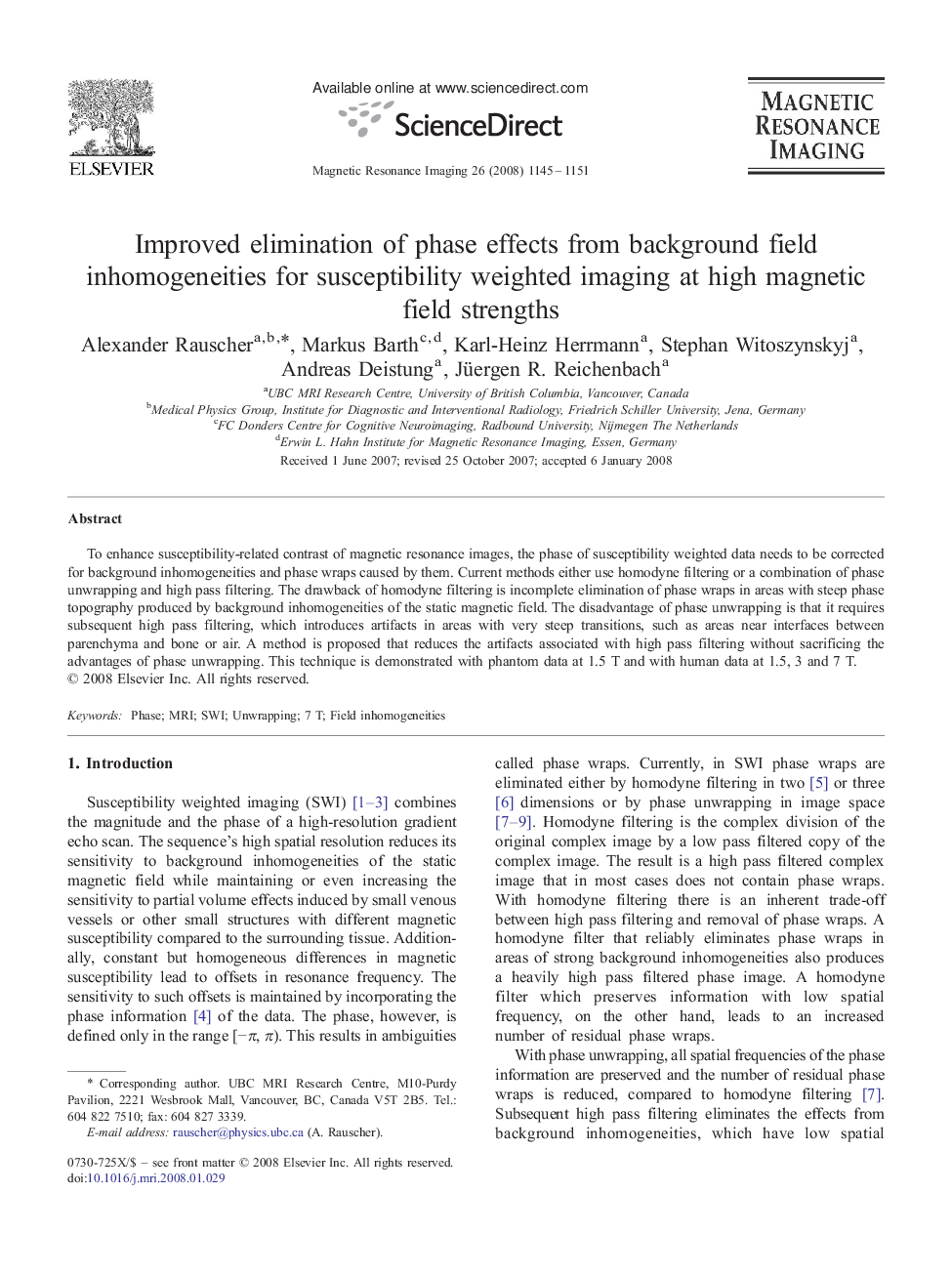 Improved elimination of phase effects from background field inhomogeneities for susceptibility weighted imaging at high magnetic field strengths