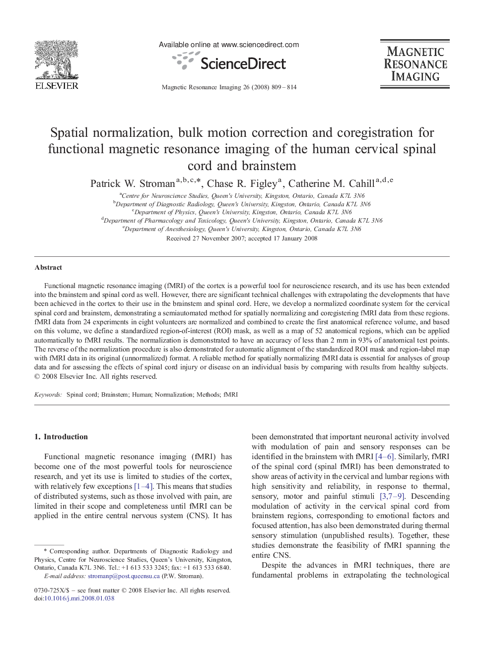 Spatial normalization, bulk motion correction and coregistration for functional magnetic resonance imaging of the human cervical spinal cord and brainstem