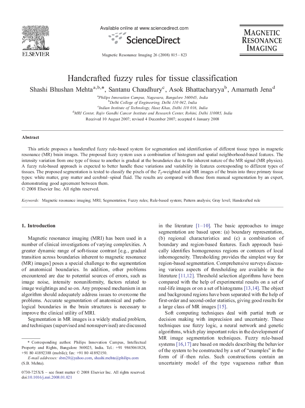عکس صفحه اول مقاله: Handcrafted fuzzy rules for tissue classification Handcrafted fuzzy rules for tissue classification