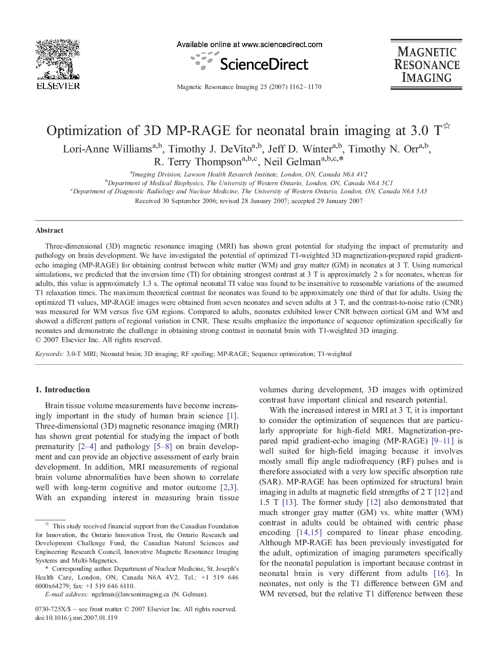 Optimization of 3D MP-RAGE for neonatal brain imaging at 3.0 T 