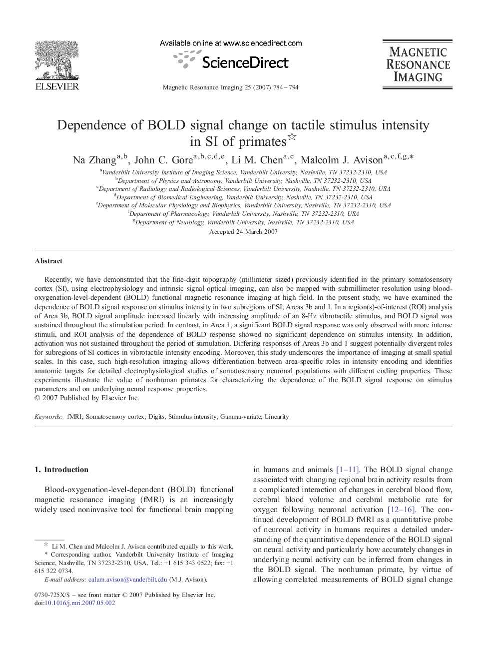 Dependence of BOLD signal change on tactile stimulus intensity in SI of primates