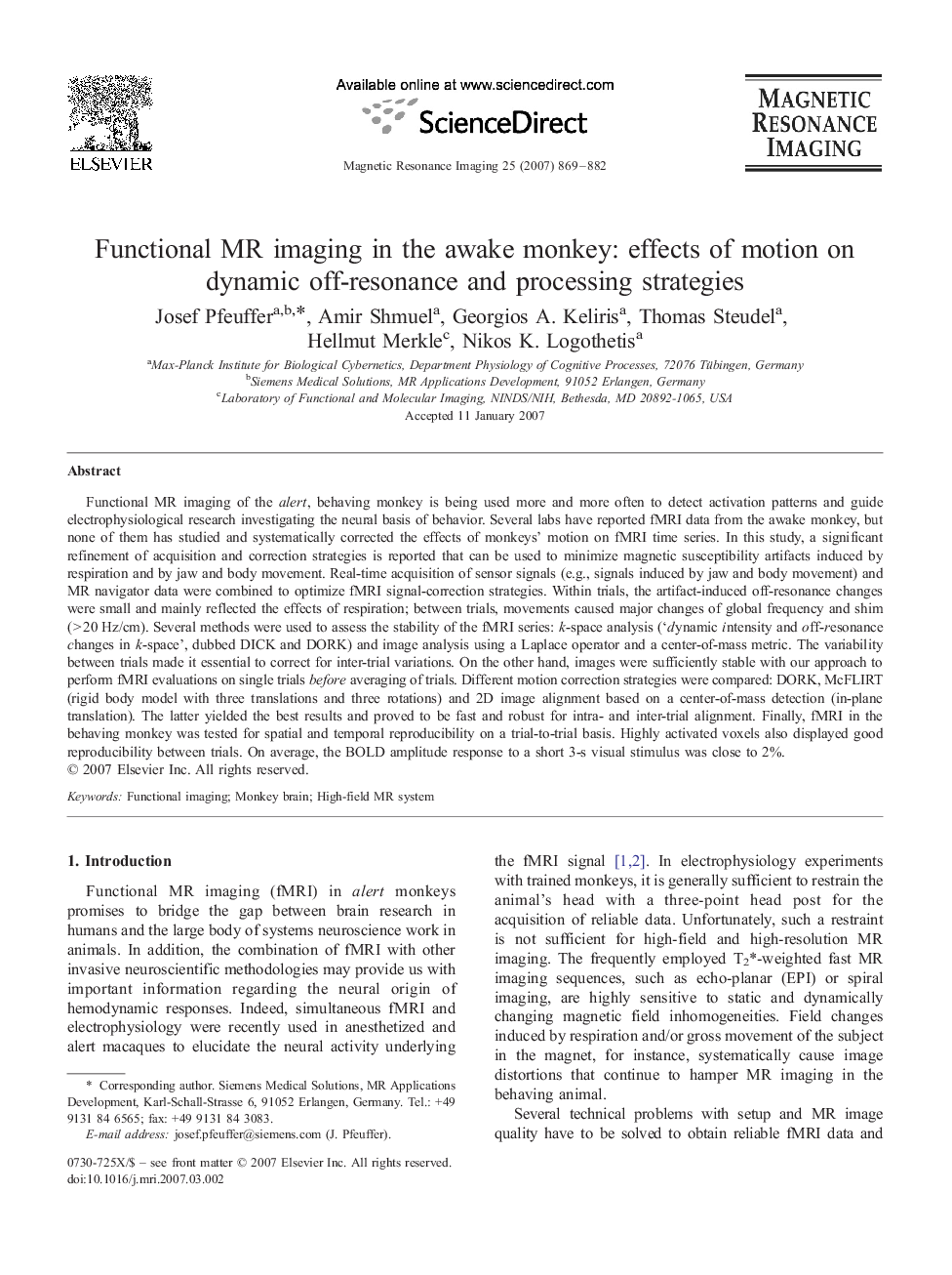 Functional MR imaging in the awake monkey: effects of motion on dynamic off-resonance and processing strategies