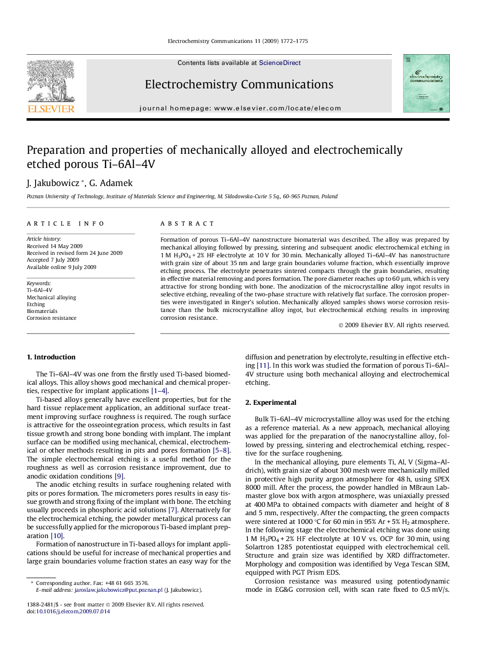 Preparation and properties of mechanically alloyed and electrochemically etched porous Ti–6Al–4V