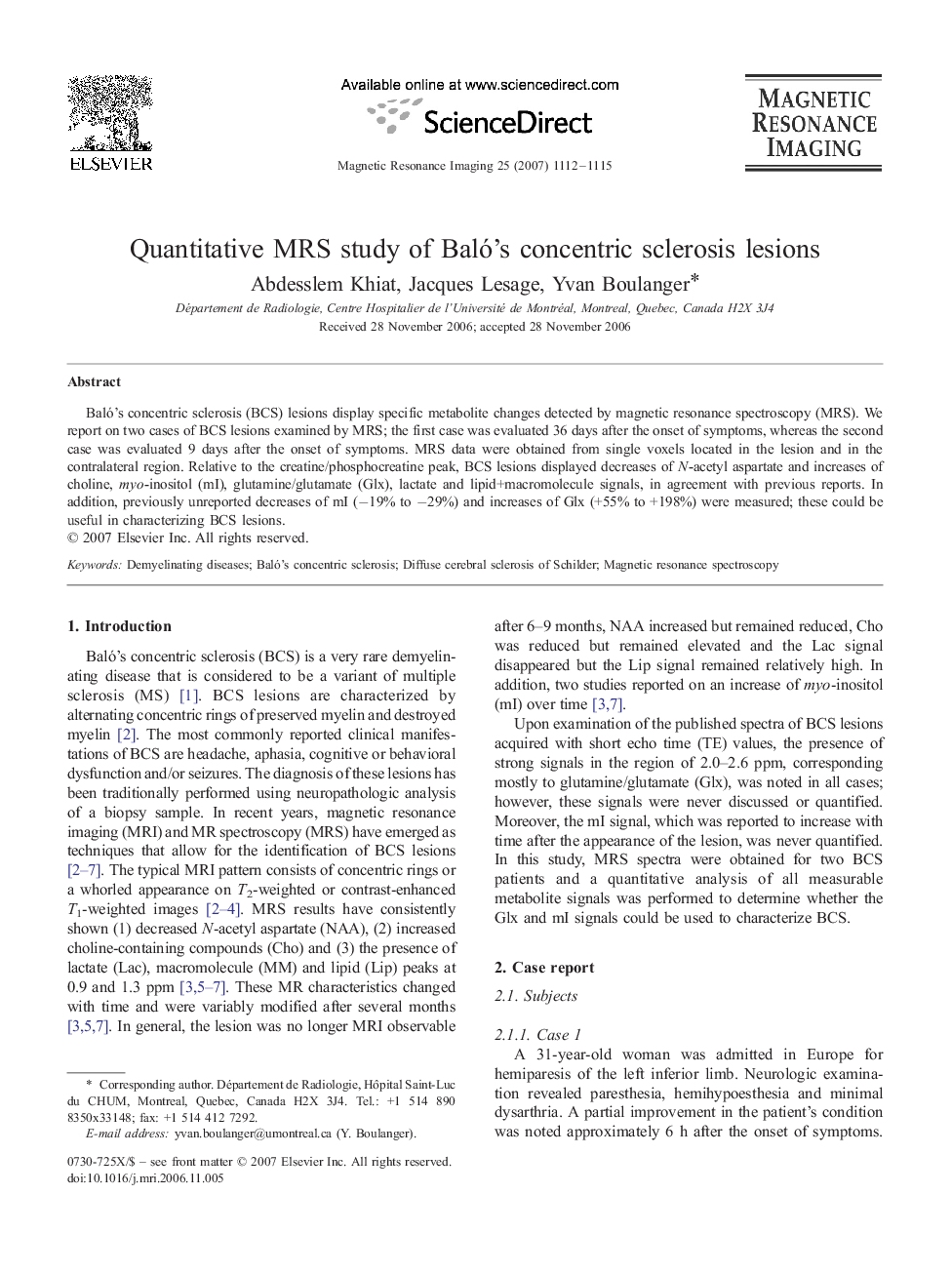 Quantitative MRS study of Baló's concentric sclerosis lesions