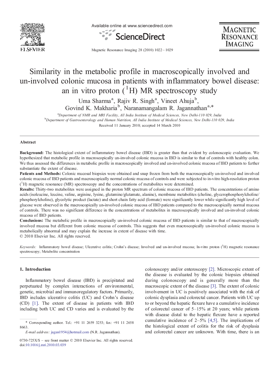 Similarity in the metabolic profile in macroscopically involved and un-involved colonic mucosa in patients with inflammatory bowel disease: an in vitro proton (1H) MR spectroscopy study