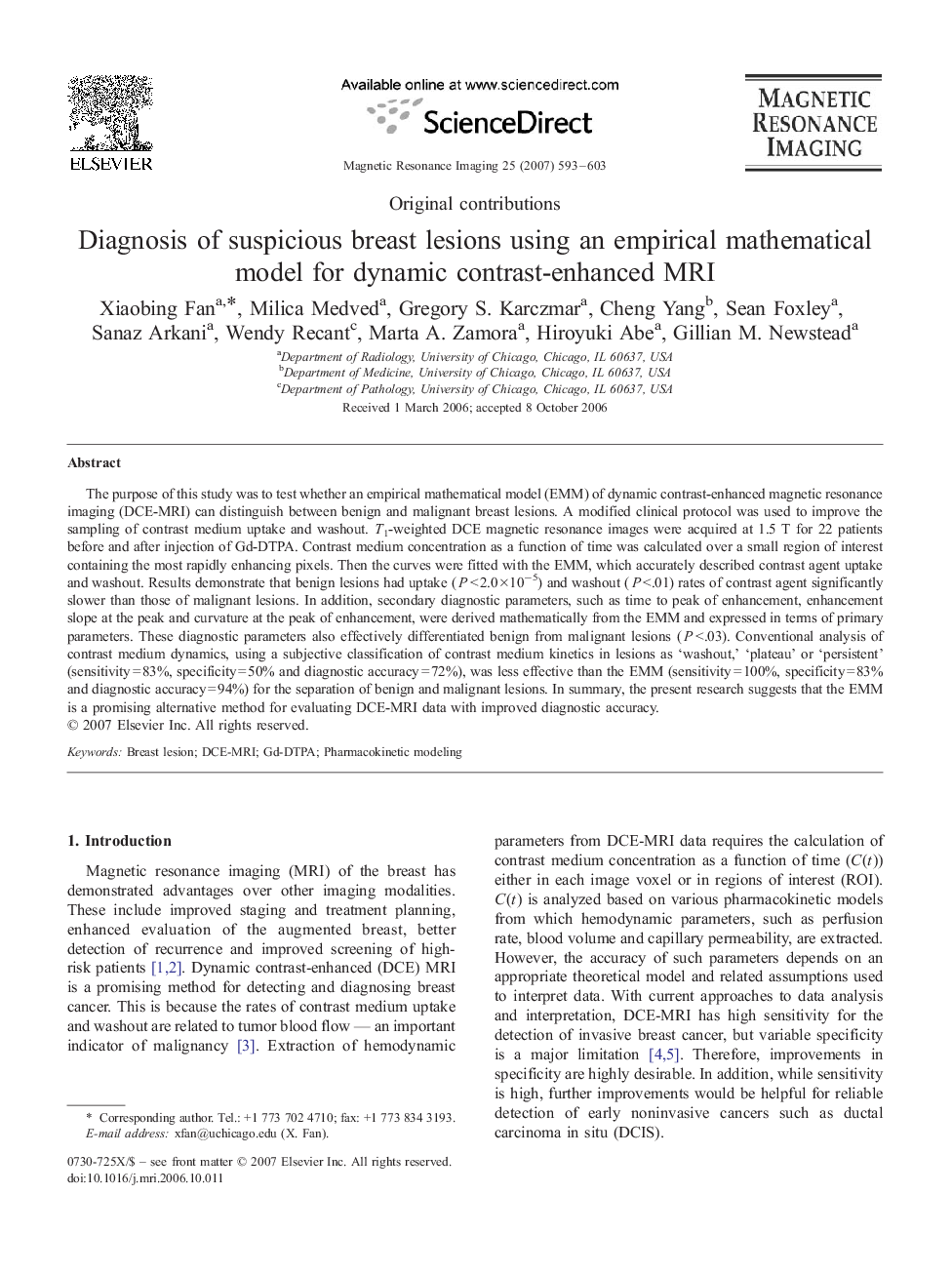 Diagnosis of suspicious breast lesions using an empirical mathematical model for dynamic contrast-enhanced MRI