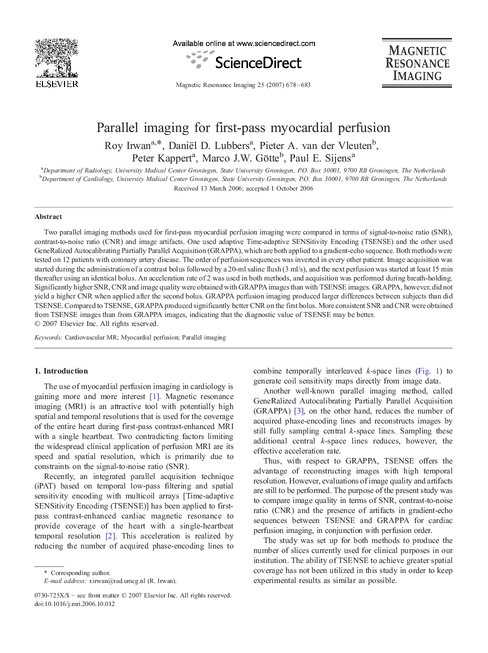 Parallel imaging for first-pass myocardial perfusion