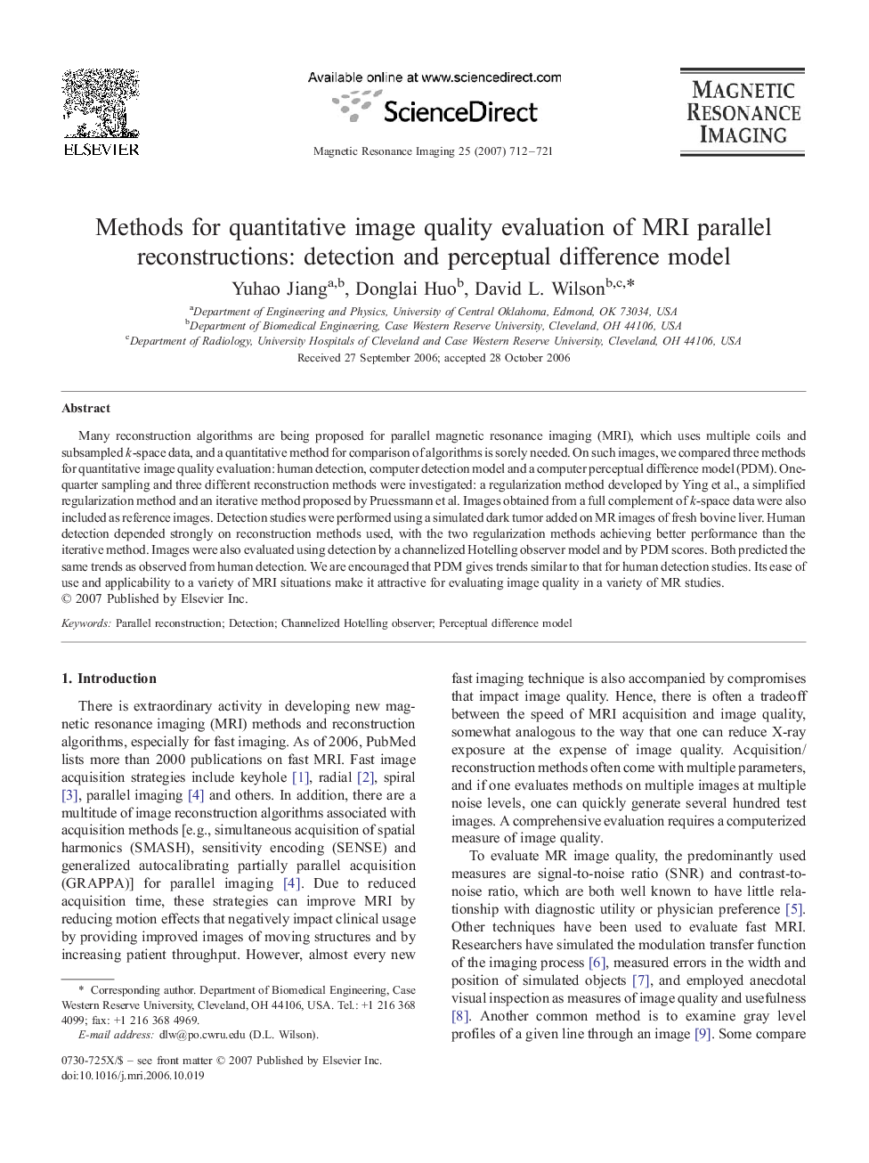 Methods for quantitative image quality evaluation of MRI parallel reconstructions: detection and perceptual difference model