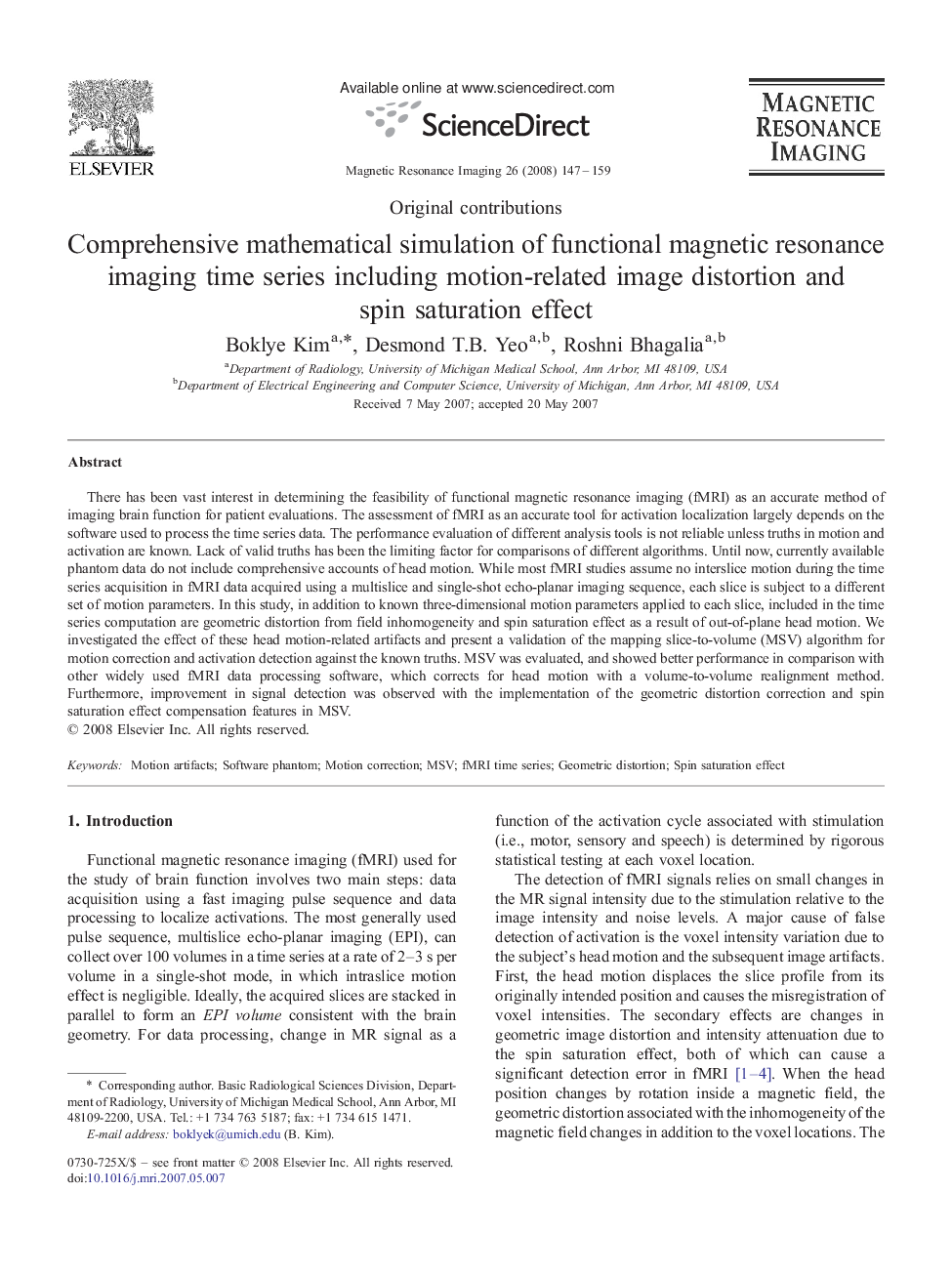 Comprehensive mathematical simulation of functional magnetic resonance imaging time series including motion-related image distortion and spin saturation effect