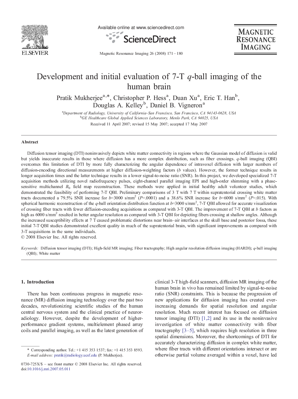 Development and initial evaluation of 7-T q-ball imaging of the human brain