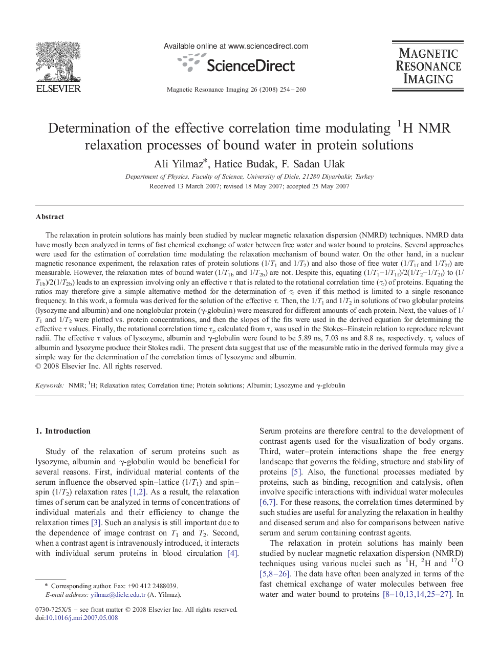 Determination of the effective correlation time modulating 1H NMR relaxation processes of bound water in protein solutions