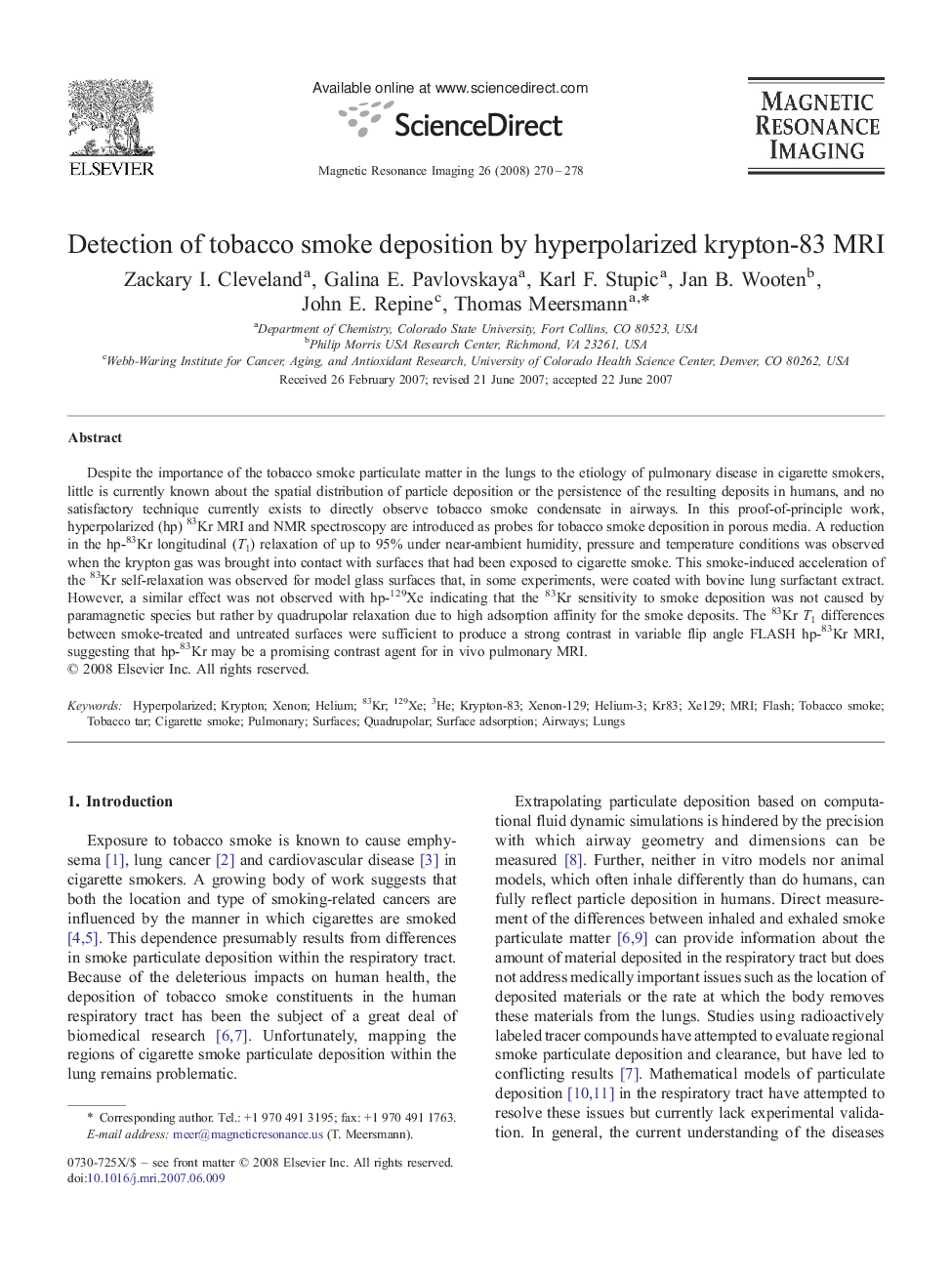 Detection of tobacco smoke deposition by hyperpolarized krypton-83 MRI