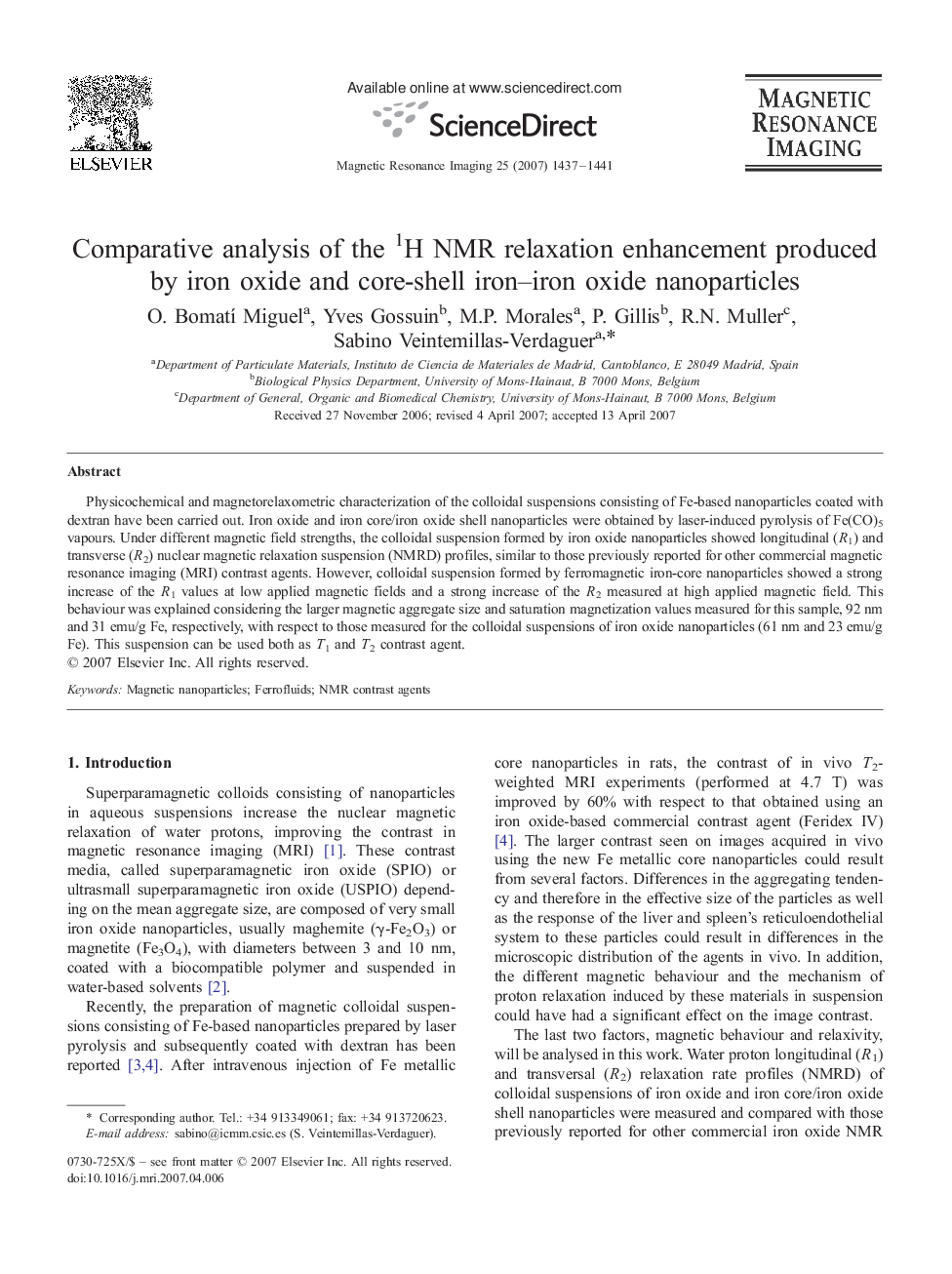 Comparative analysis of the 1H NMR relaxation enhancement produced by iron oxide and core-shell iron–iron oxide nanoparticles