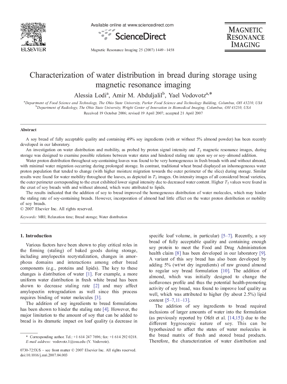 Characterization of water distribution in bread during storage using magnetic resonance imaging