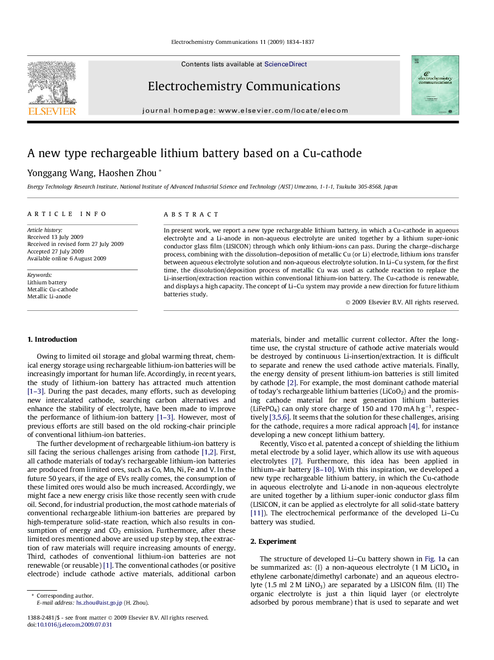 A new type rechargeable lithium battery based on a Cu-cathode
