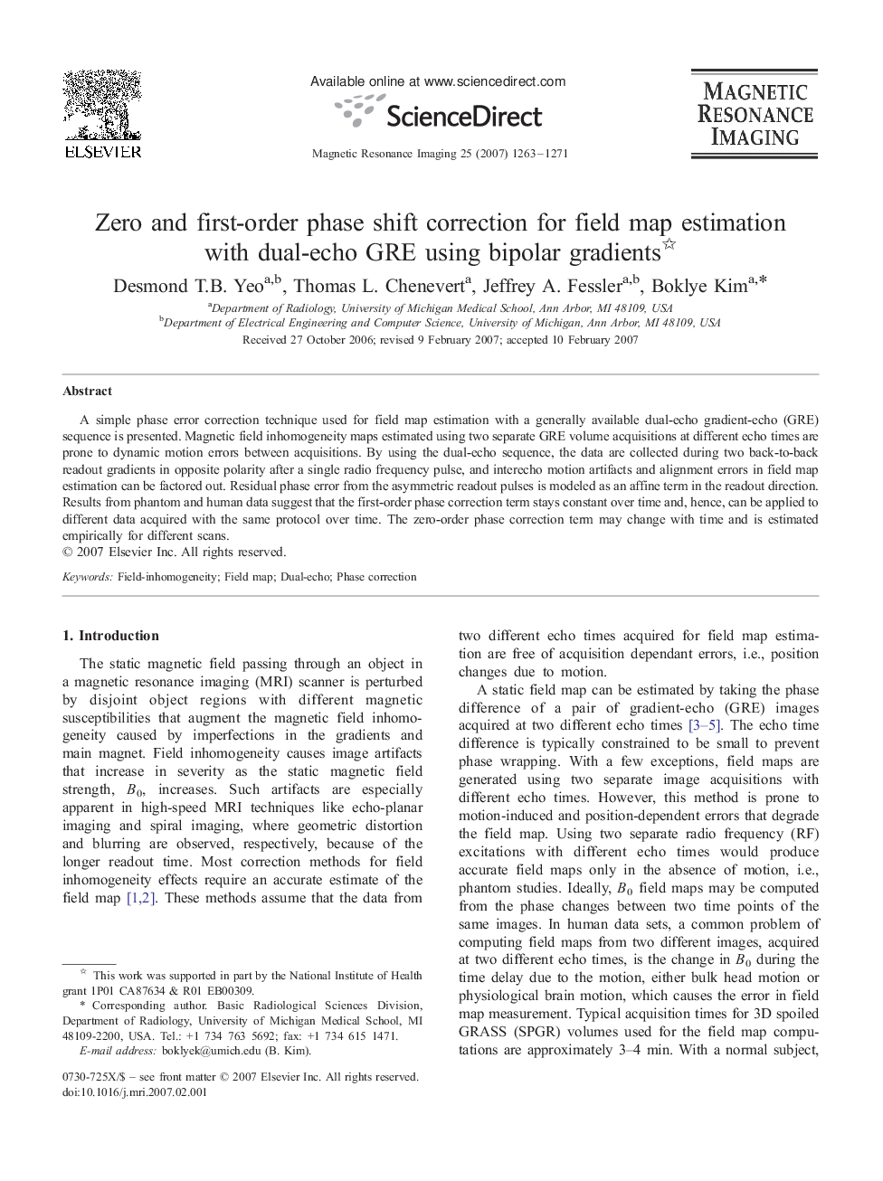 Zero and first-order phase shift correction for field map estimation with dual-echo GRE using bipolar gradients 