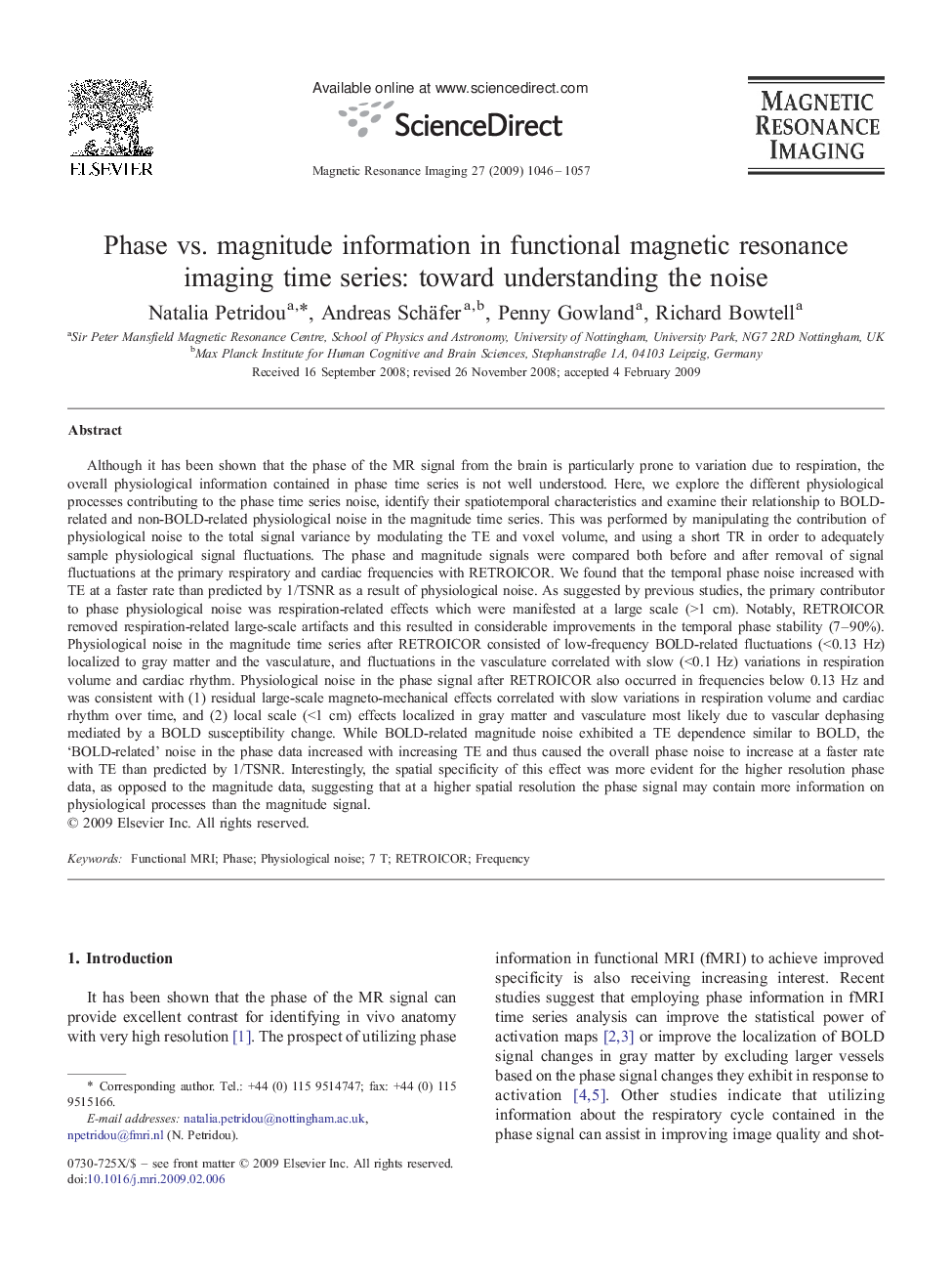 Phase vs. magnitude information in functional magnetic resonance imaging time series: toward understanding the noise