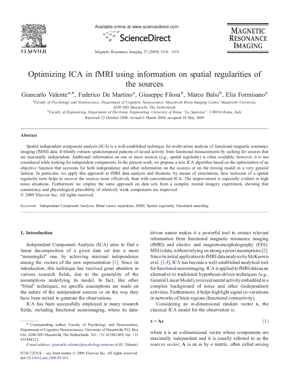 عکس صفحه اول مقاله: Optimizing ICA in fMRI using information on spatial regularities of the sources Optimizing ICA in fMRI using information on spatial regularities of the sources