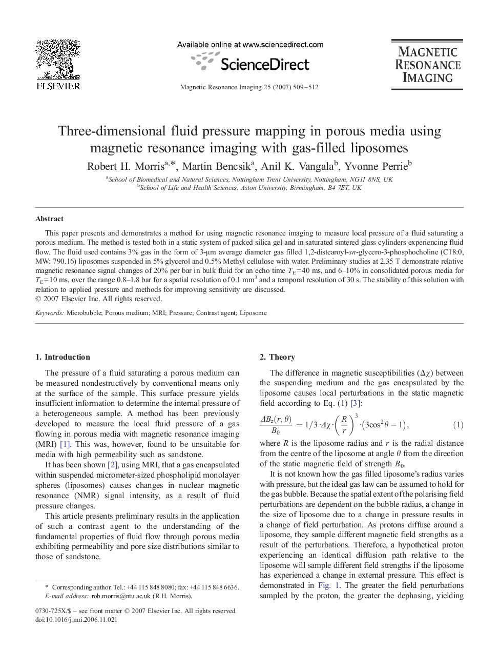 عکس صفحه اول مقاله: Three-dimensional fluid pressure mapping in porous media using magnetic resonance imaging with gas-filled liposomes Three-dimensional fluid pressure mapping in porous media using magnetic resonance imaging with gas-filled liposomes