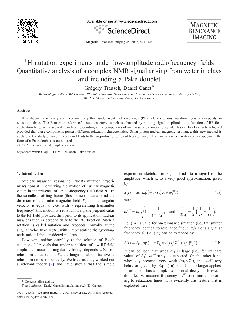 1H nutation experiments under low-amplitude radiofrequency fields: Quantitative analysis of a complex NMR signal arising from water in clays and including a Pake doublet