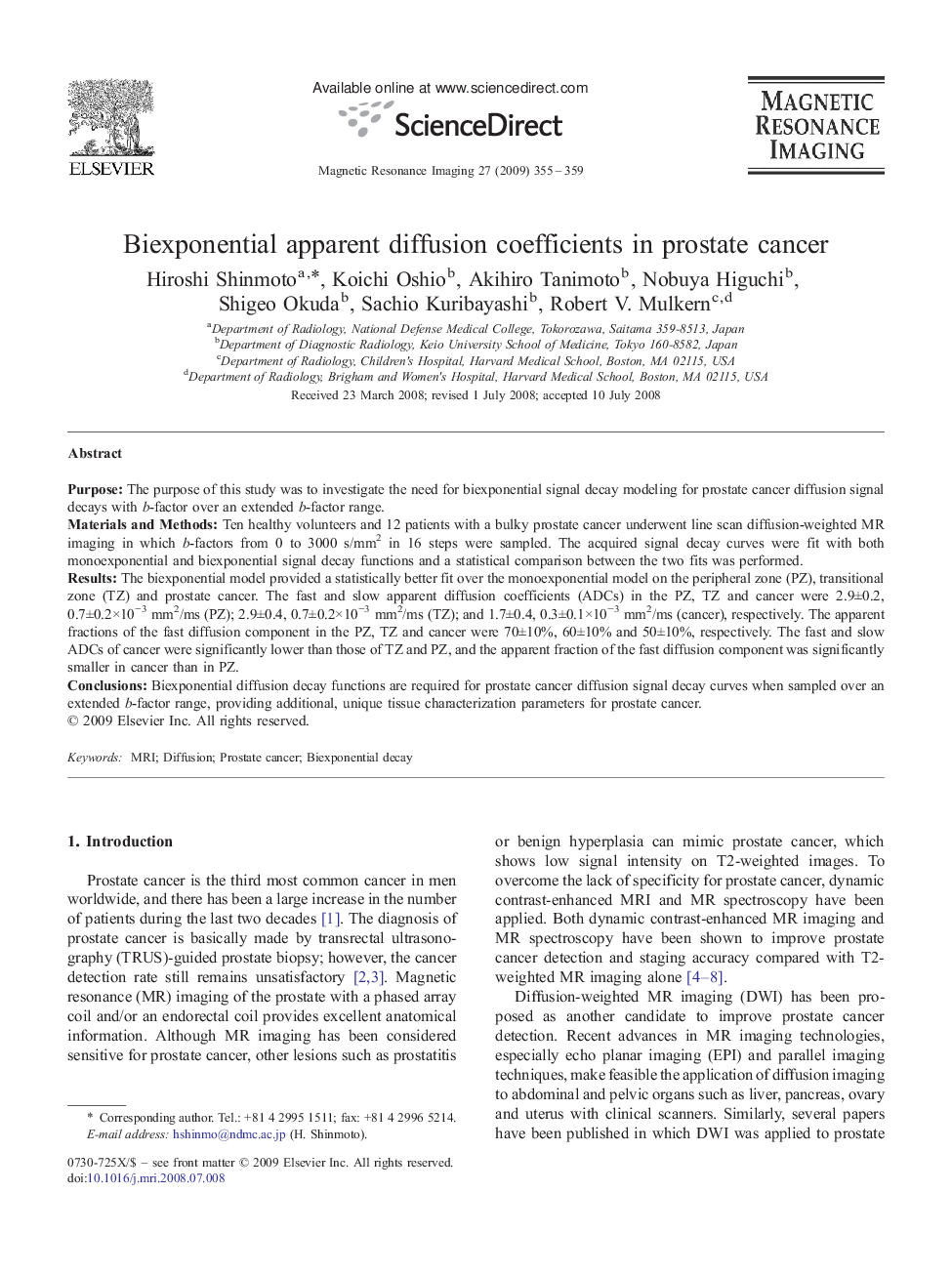 عکس صفحه اول مقاله: Biexponential apparent diffusion coefficients in prostate cancer Biexponential apparent diffusion coefficients in prostate cancer