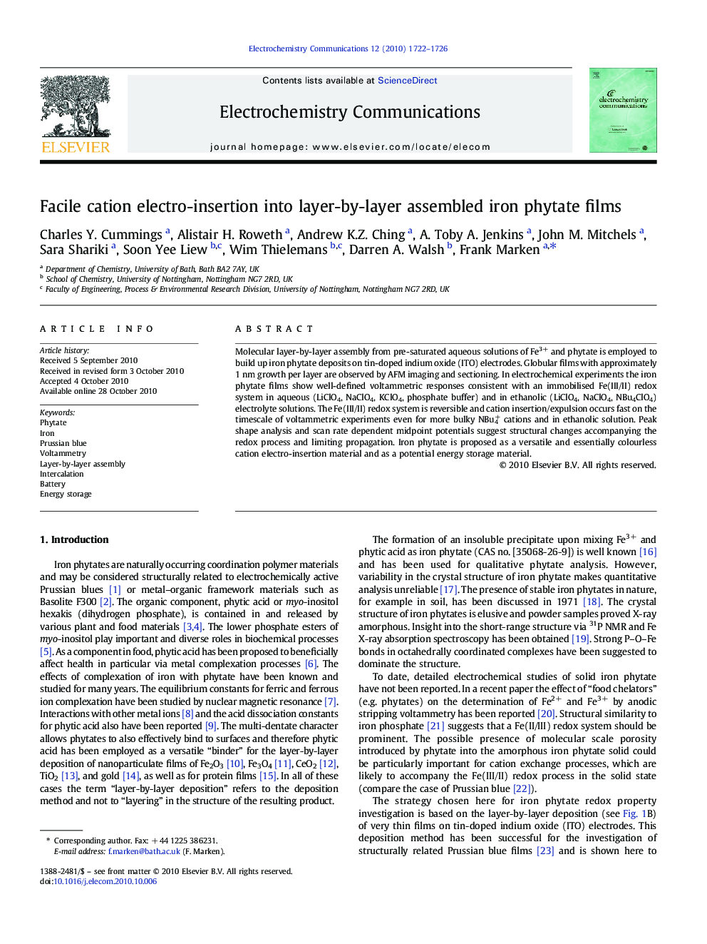 Facile cation electro-insertion into layer-by-layer assembled iron phytate films