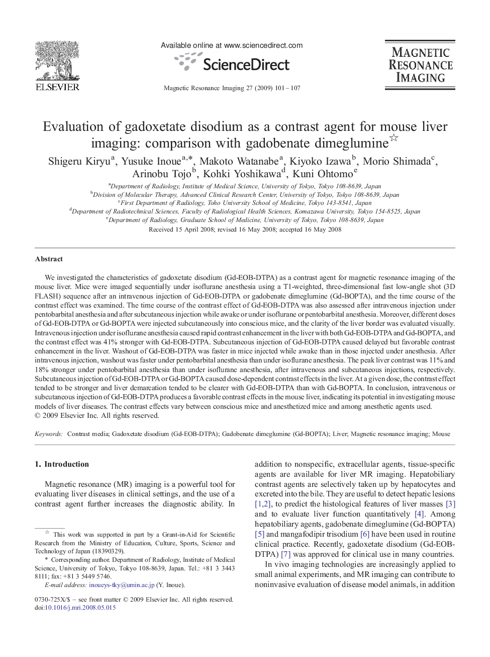 Evaluation of gadoxetate disodium as a contrast agent for mouse liver imaging: comparison with gadobenate dimeglumine 