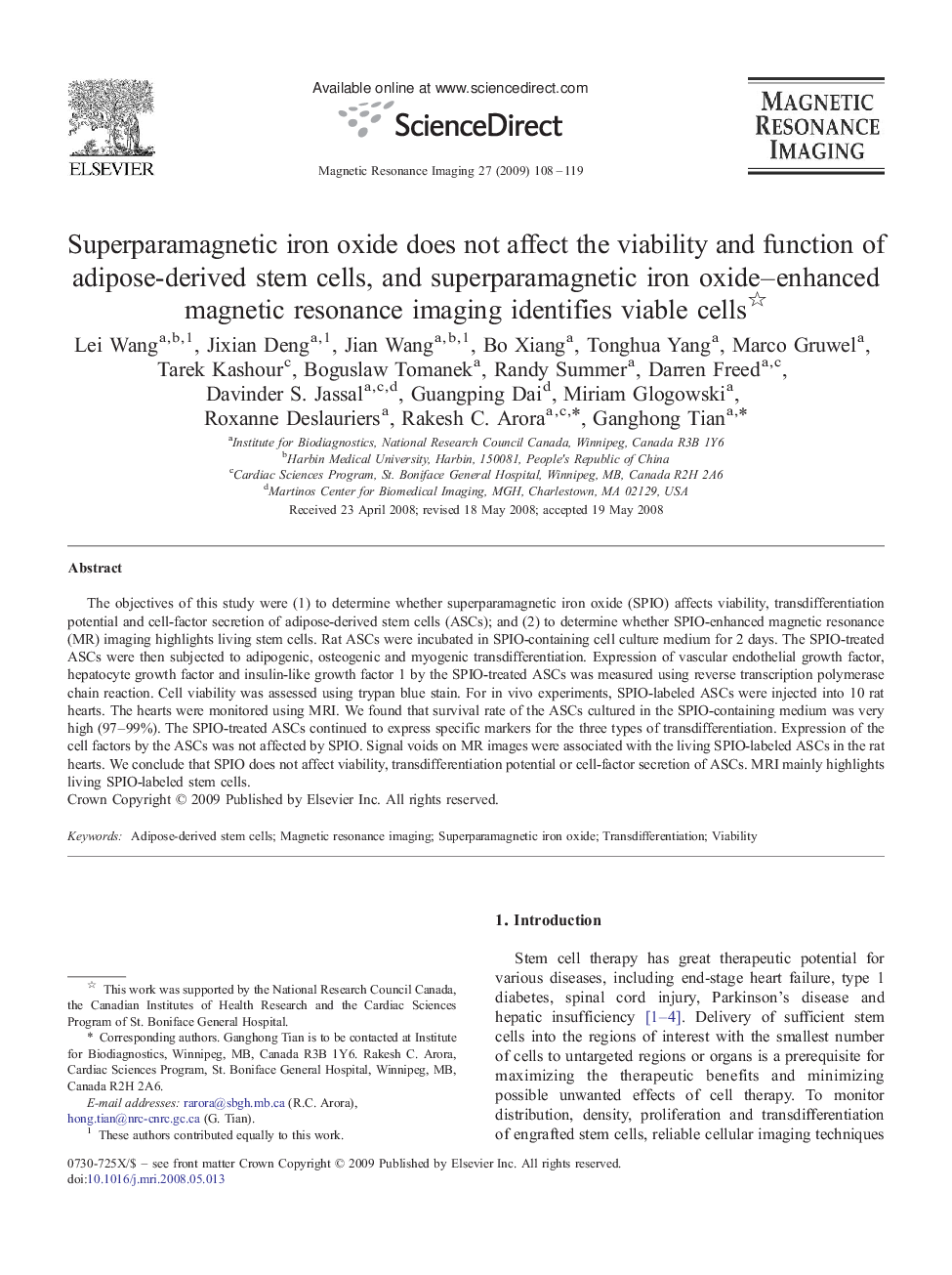 Superparamagnetic iron oxide does not affect the viability and function of adipose-derived stem cells, and superparamagnetic iron oxide-enhanced magnetic resonance imaging identifies viable cells