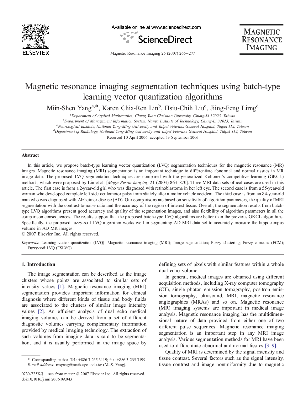 Magnetic resonance imaging segmentation techniques using batch-type learning vector quantization algorithms