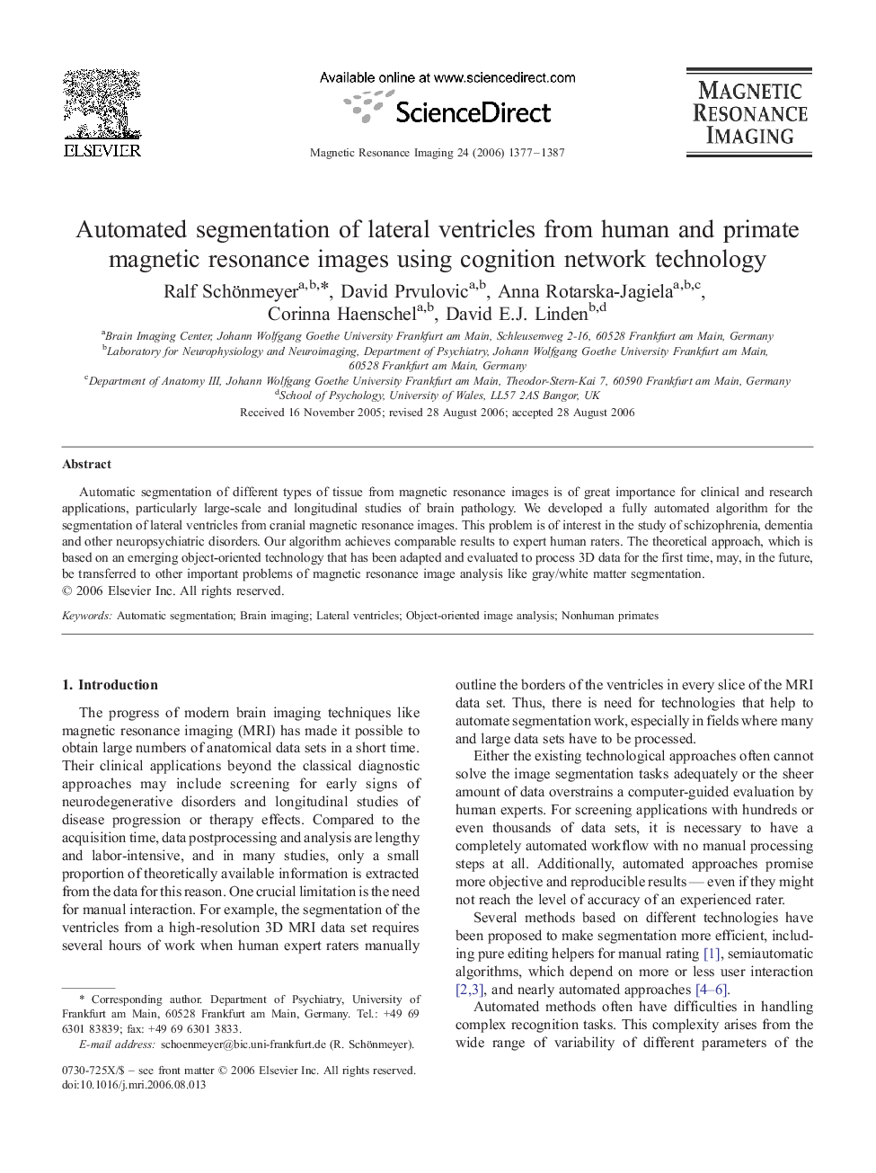 Automated segmentation of lateral ventricles from human and primate magnetic resonance images using cognition network technology