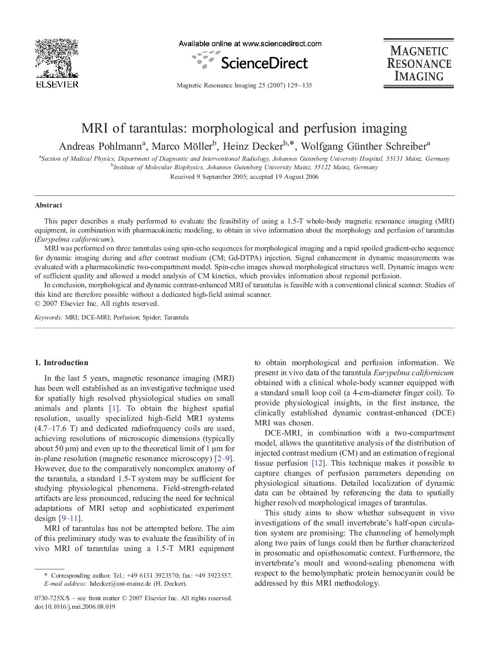 MRI of tarantulas: morphological and perfusion imaging