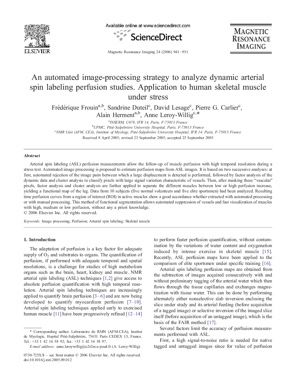 An automated image-processing strategy to analyze dynamic arterial spin labeling perfusion studies. Application to human skeletal muscle under stress