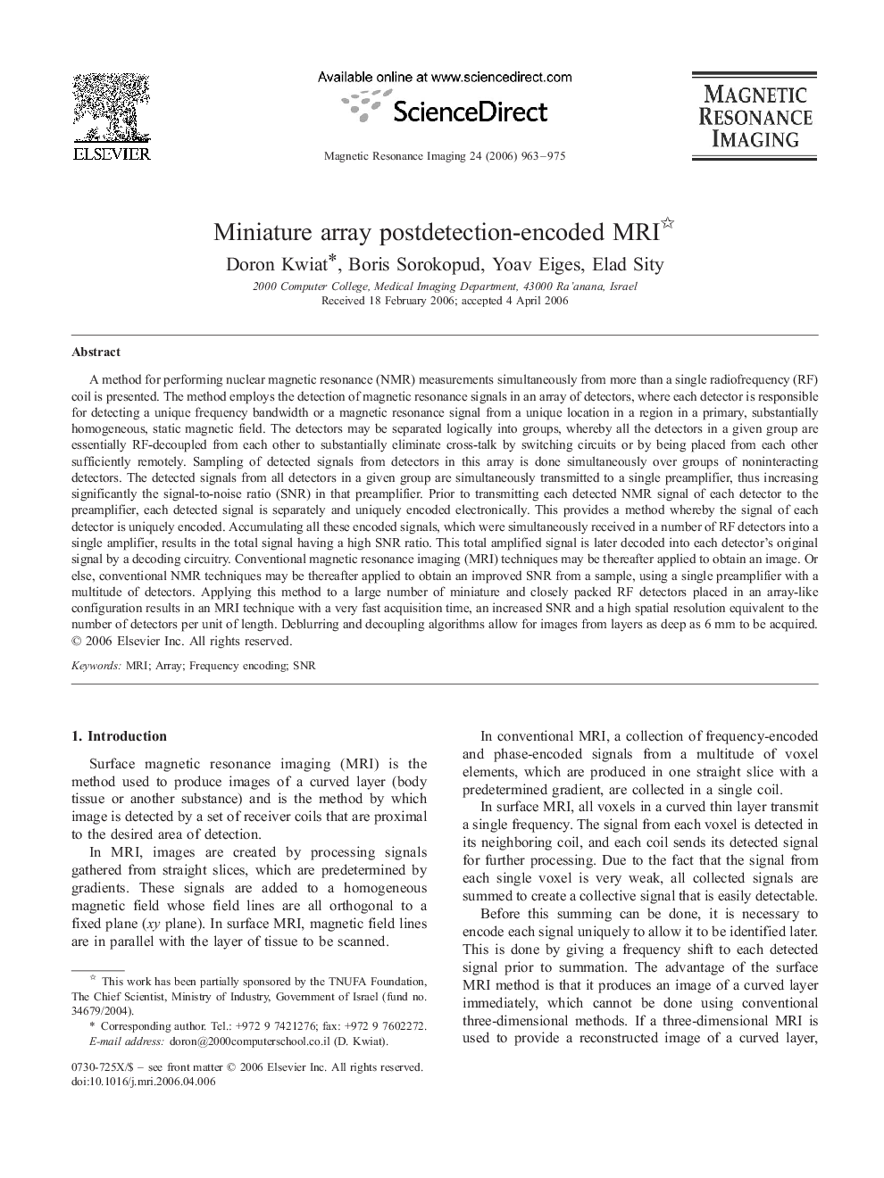 Miniature array postdetection-encoded MRI 