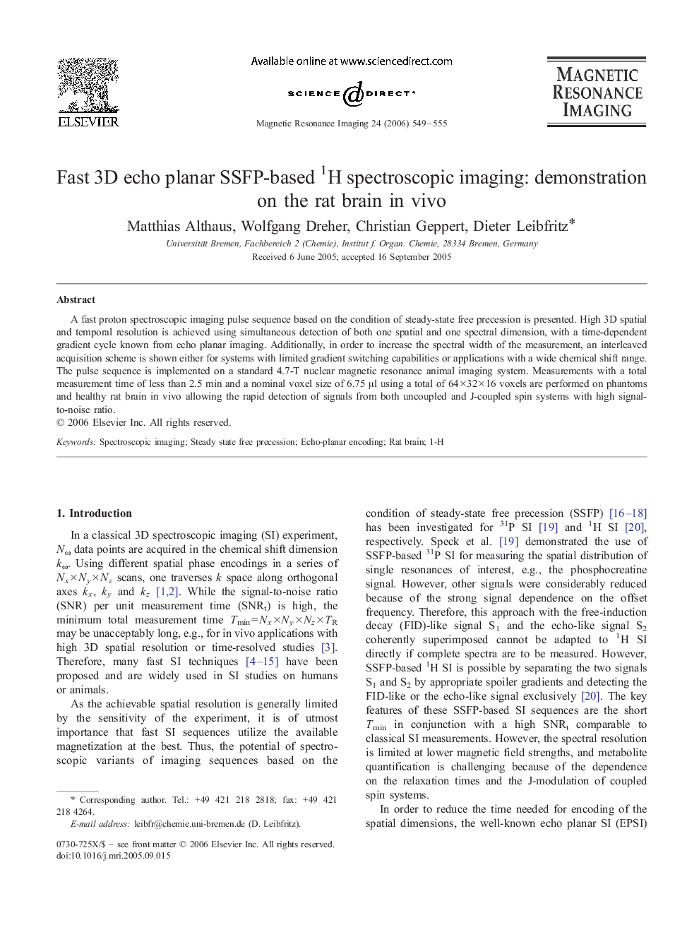 Fast 3D echo planar SSFP-based 1H spectroscopic imaging: demonstration on the rat brain in vivo