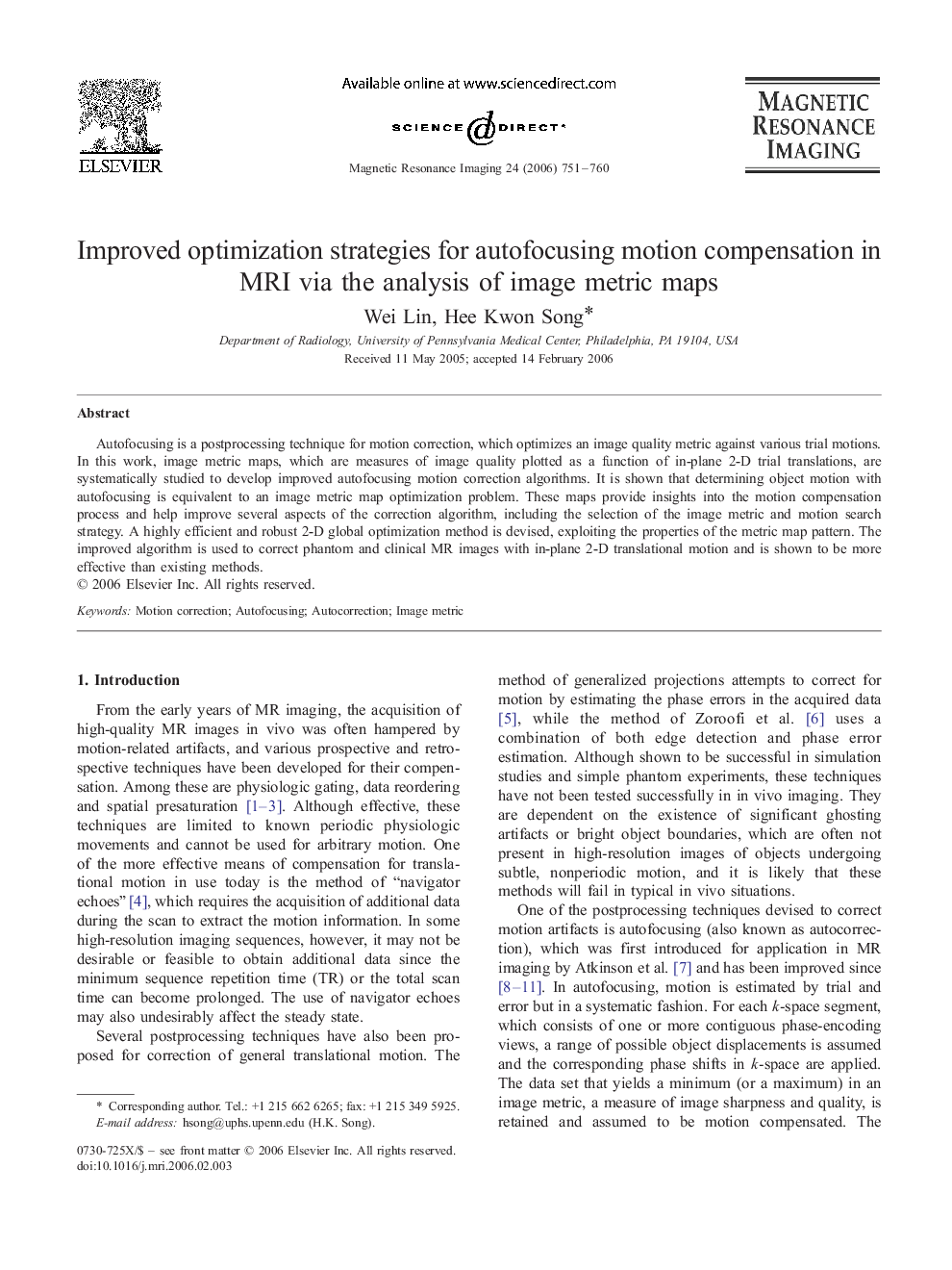 Improved optimization strategies for autofocusing motion compensation in MRI via the analysis of image metric maps