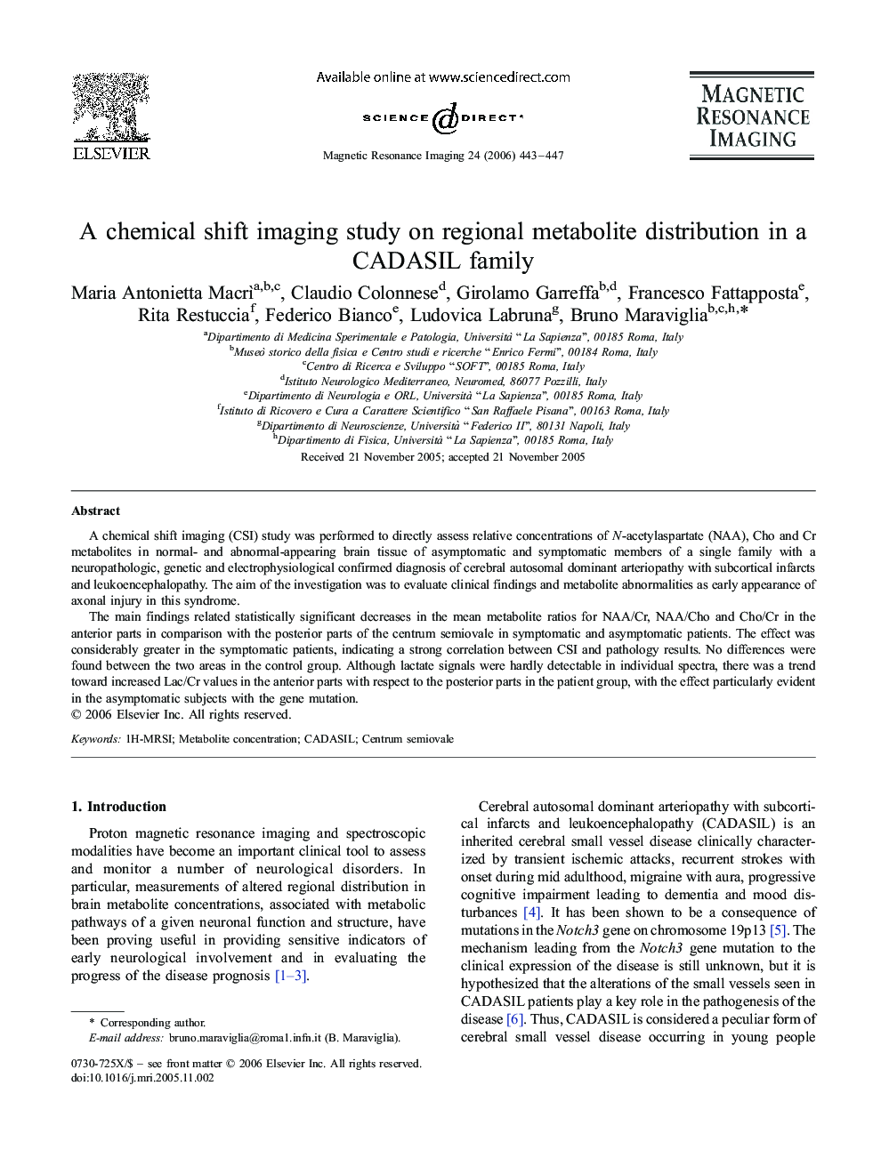 A chemical shift imaging study on regional metabolite distribution in a CADASIL family