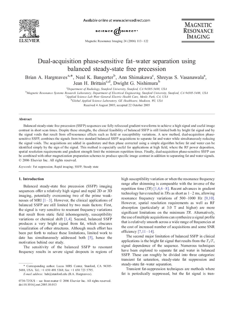 Dual-acquisition phase-sensitive fat–water separation using balanced steady-state free precession