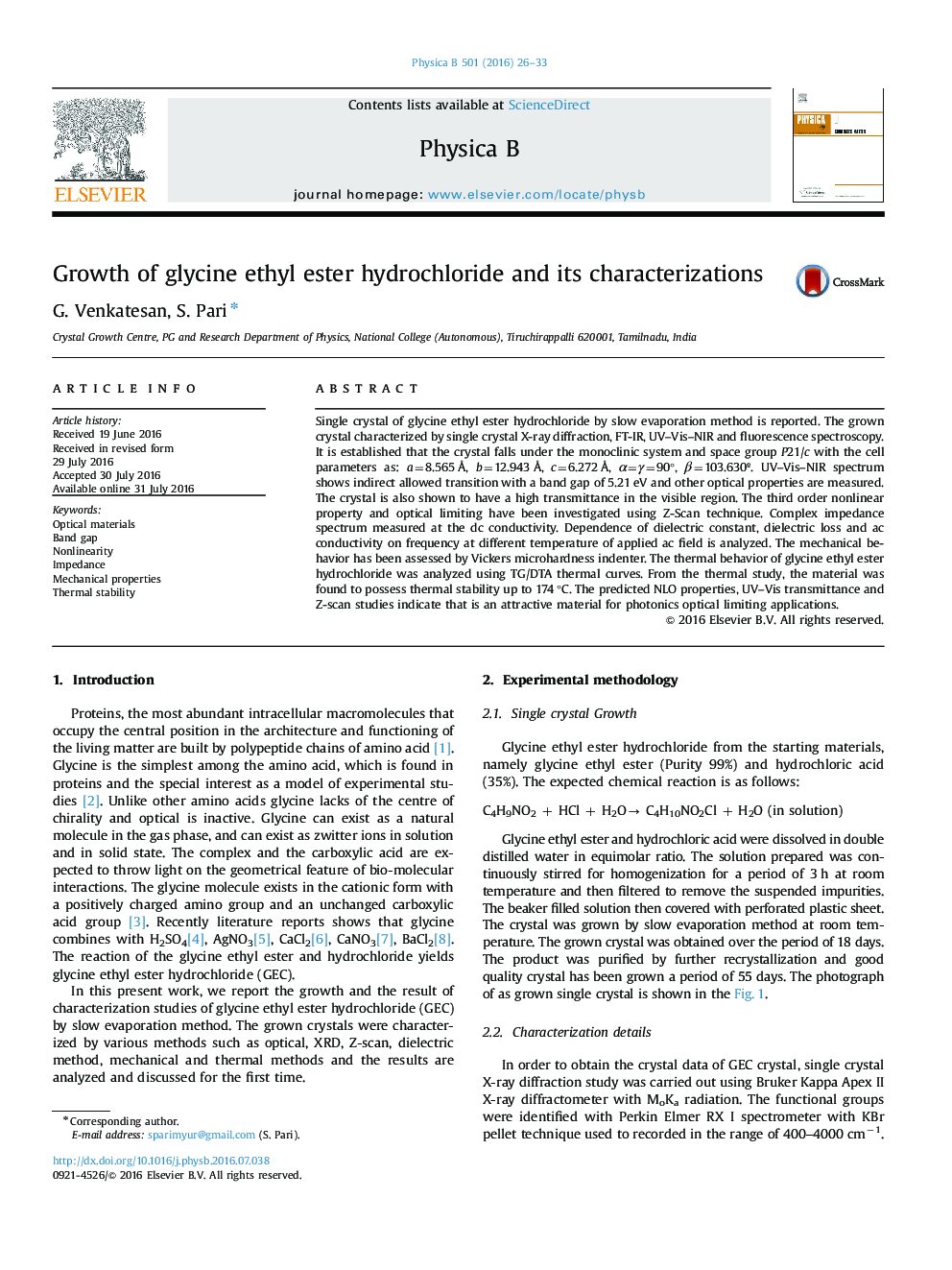 Growth of glycine ethyl ester hydrochloride and its characterizations