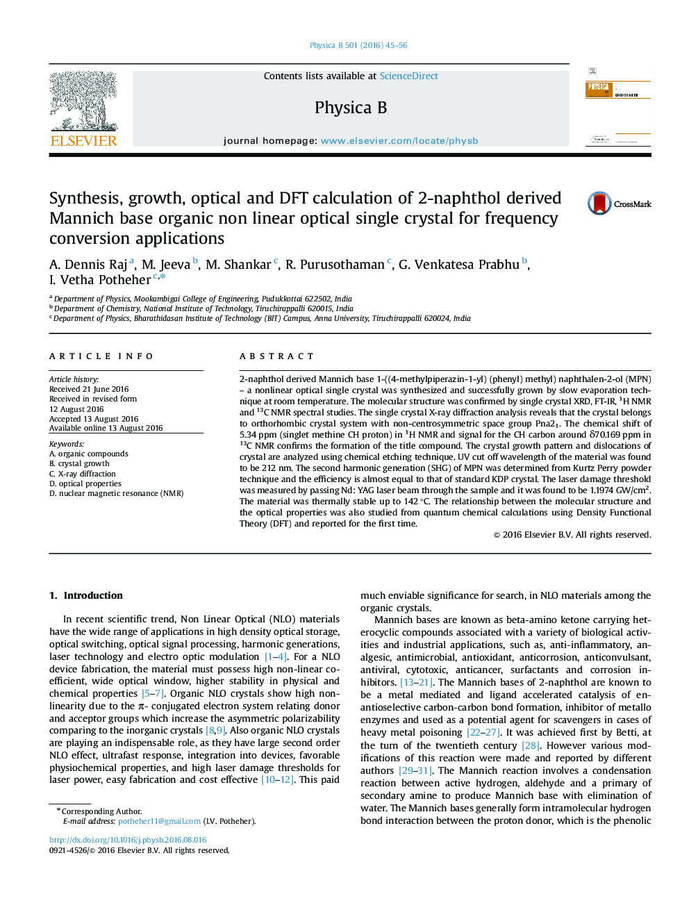 Synthesis, growth, optical and DFT calculation of 2-naphthol derived Mannich base organic non linear optical single crystal for frequency conversion applications