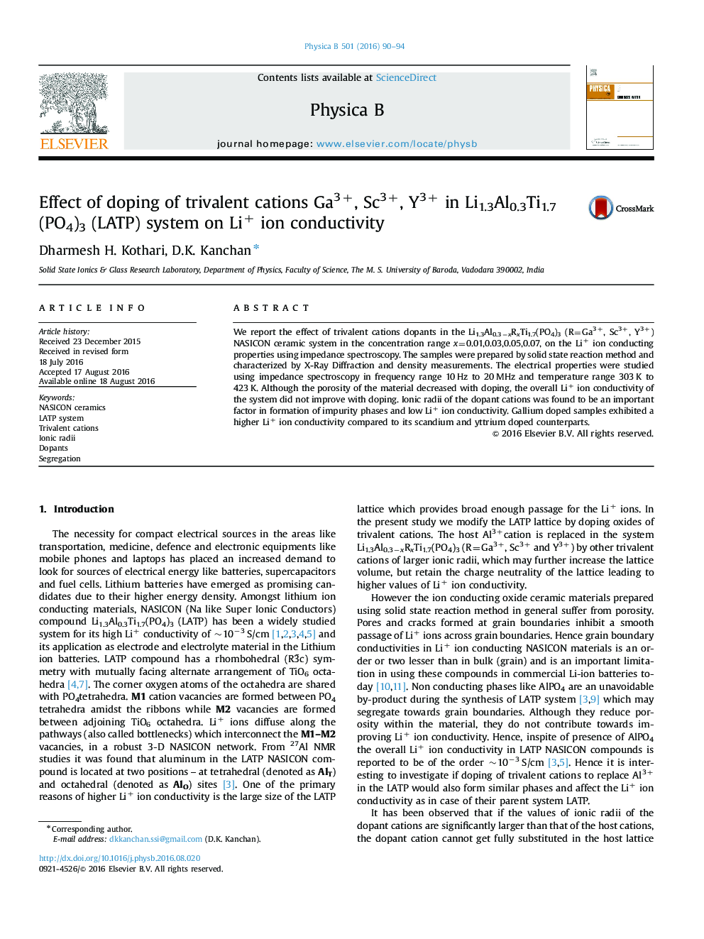 Effect of doping of trivalent cations Ga3+, Sc3+, Y3+ in Li1.3Al0.3Ti1.7 (PO4)3 (LATP) system on Li+ ion conductivity