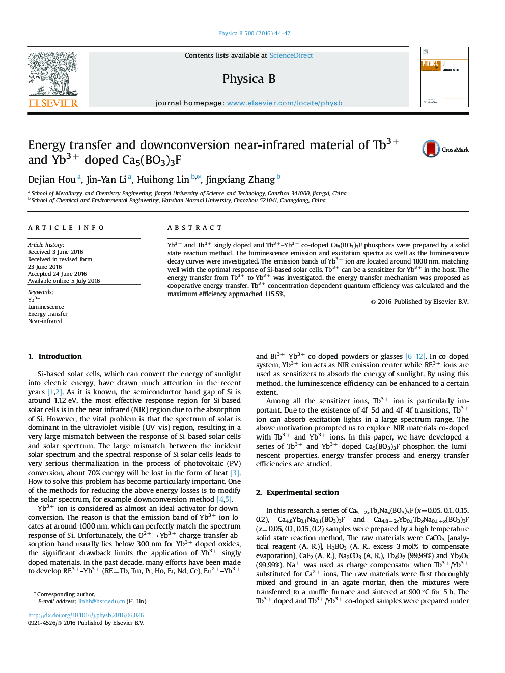 Energy transfer and downconversion near-infrared material of Tb3+ and Yb3+ doped Ca5(BO3)3F