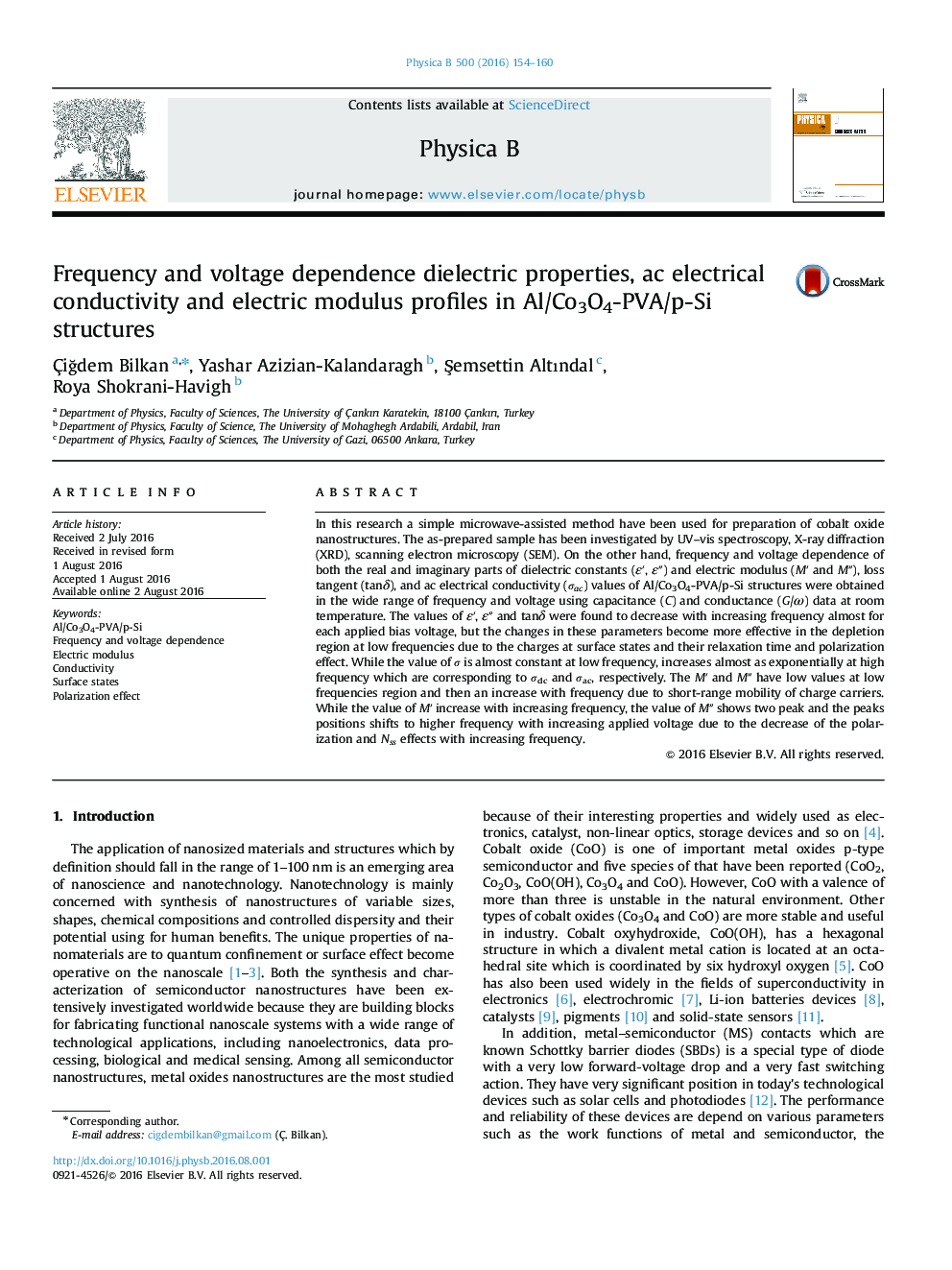 Frequency and voltage dependence dielectric properties, ac electrical conductivity and electric modulus profiles in Al/Co3O4-PVA/p-Si structures