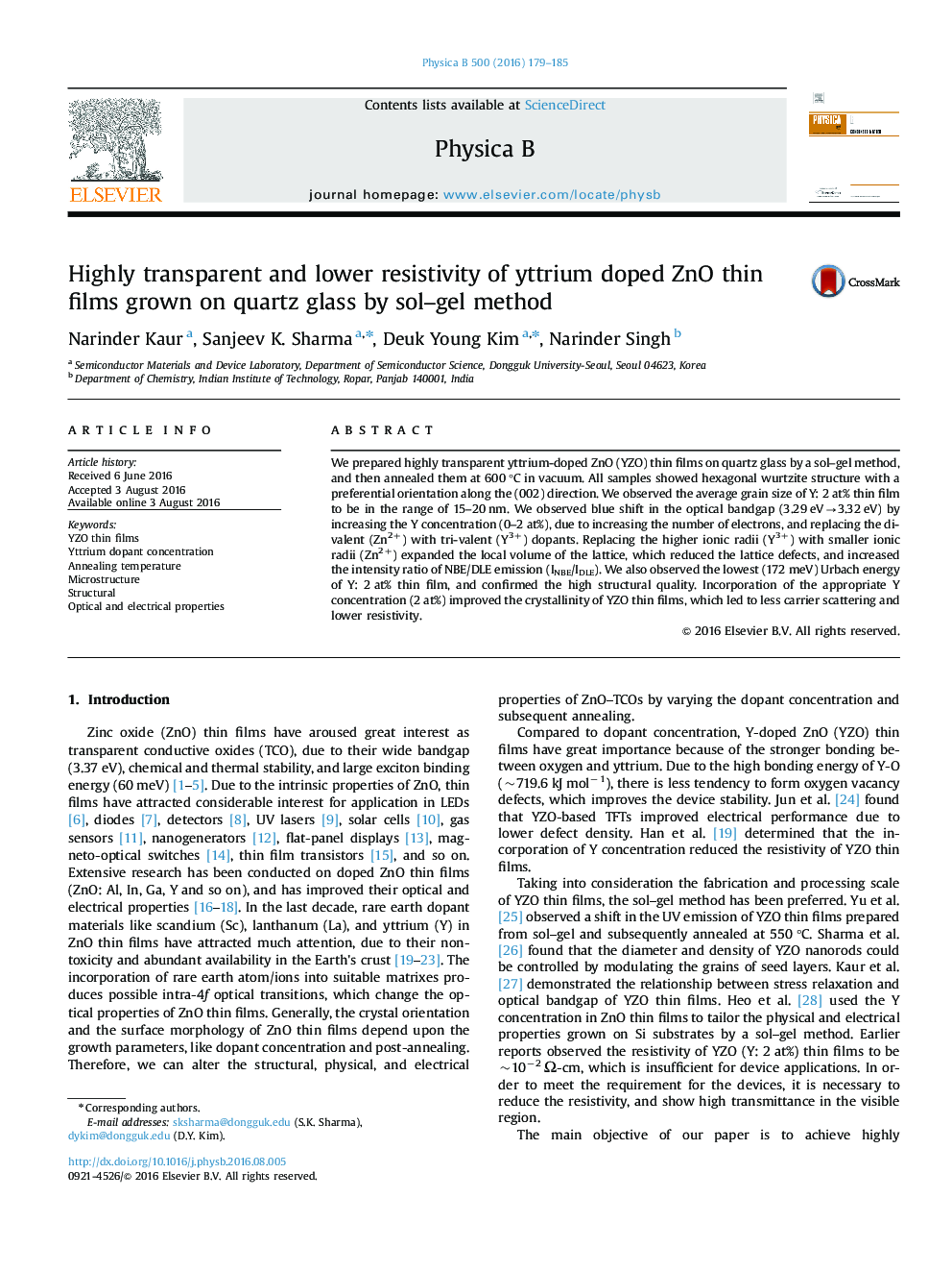 Highly transparent and lower resistivity of yttrium doped ZnO thin films grown on quartz glass by sol–gel method