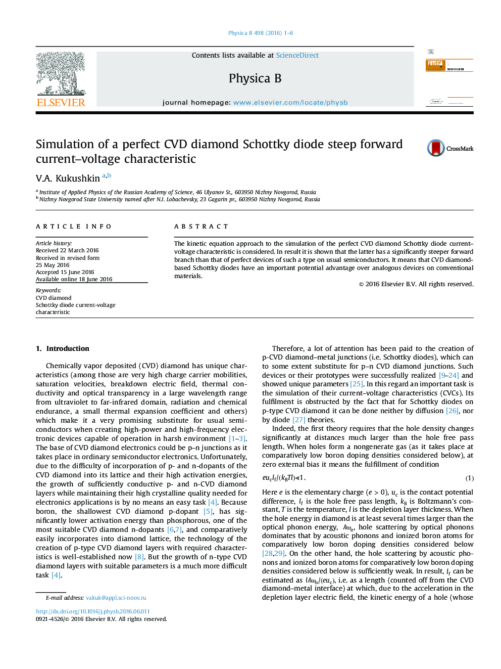 Simulation of a perfect CVD diamond Schottky diode steep forward current–voltage characteristic