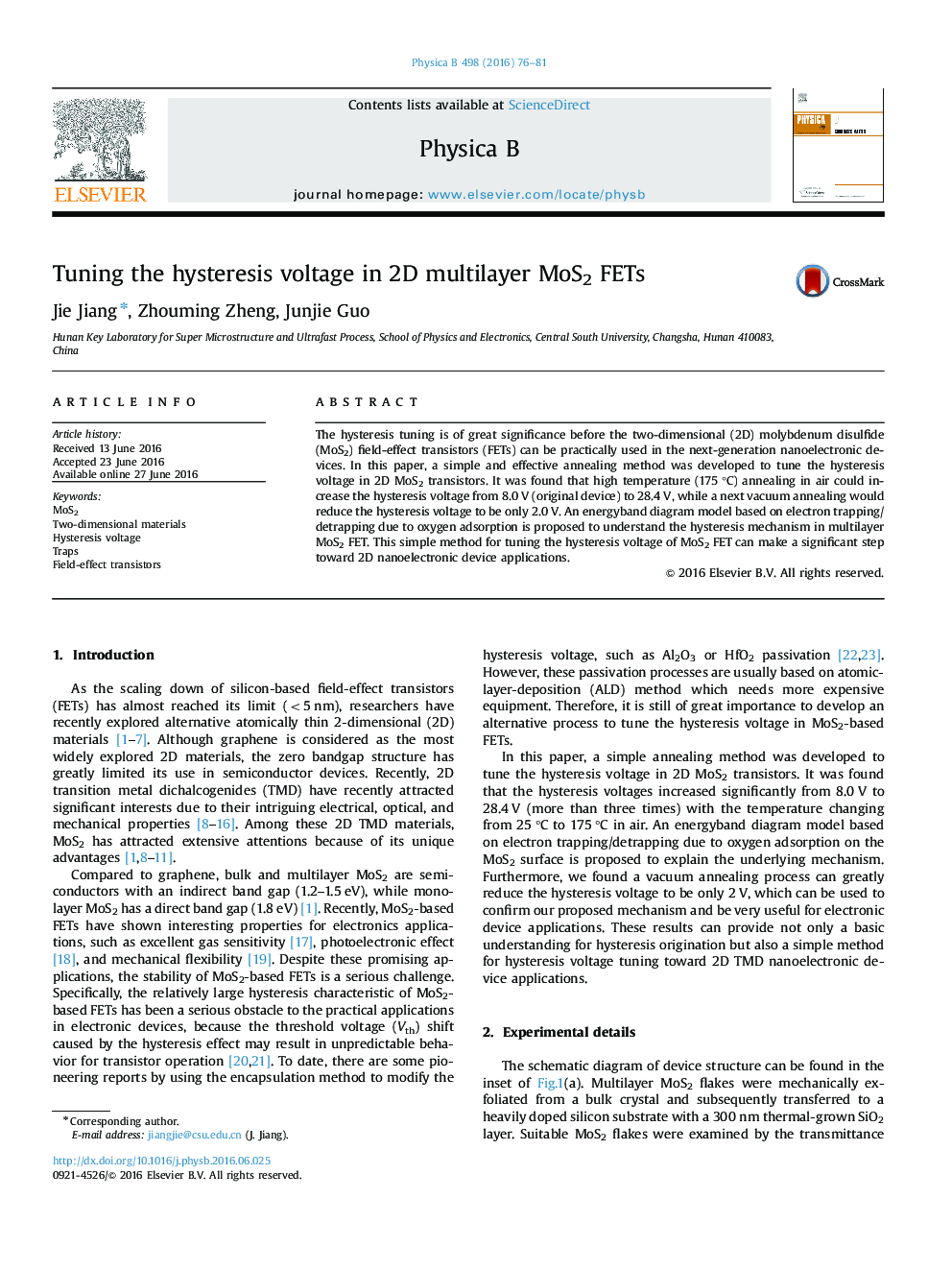 Tuning the hysteresis voltage in 2D multilayer MoS2 FETs