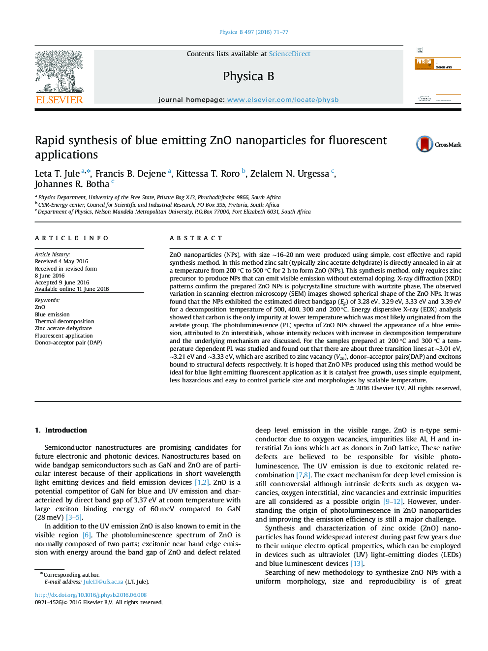 Rapid synthesis of blue emitting ZnO nanoparticles for fluorescent applications